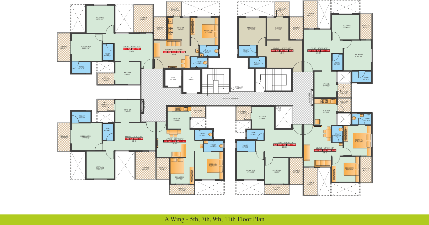 A Wing 5th, 7th, 9th, 11th Floor Plan